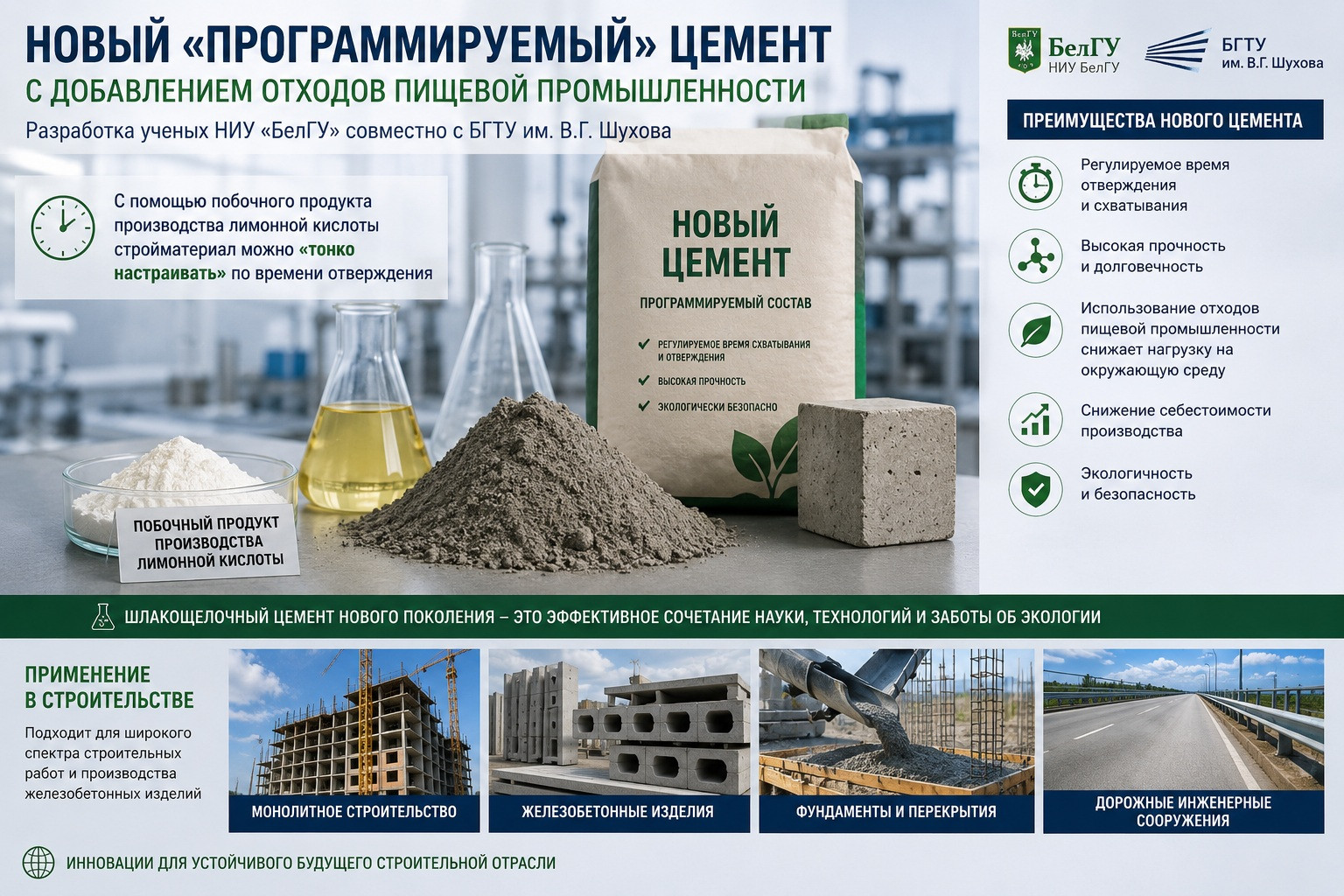 В России разработали &laquo;программируемый&raquo; цемент с добавлением отходов пищевой промышленности