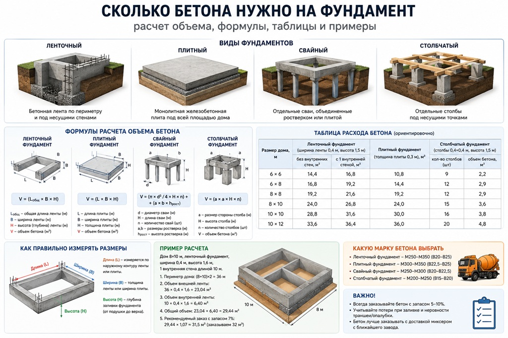 Сколько бетона нужно на фундамент: расчет объема, таблицы и примеры